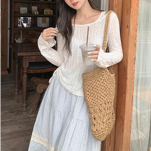 Women's Two-Piece Asymmetrical Shoulder Thin Transparent Long Sleeve T-Shirt, Summer Waist Cinching Loose Fit Cool Top, Female Fashion 3156 Womenswear Basic Casual Fitted Minimalist