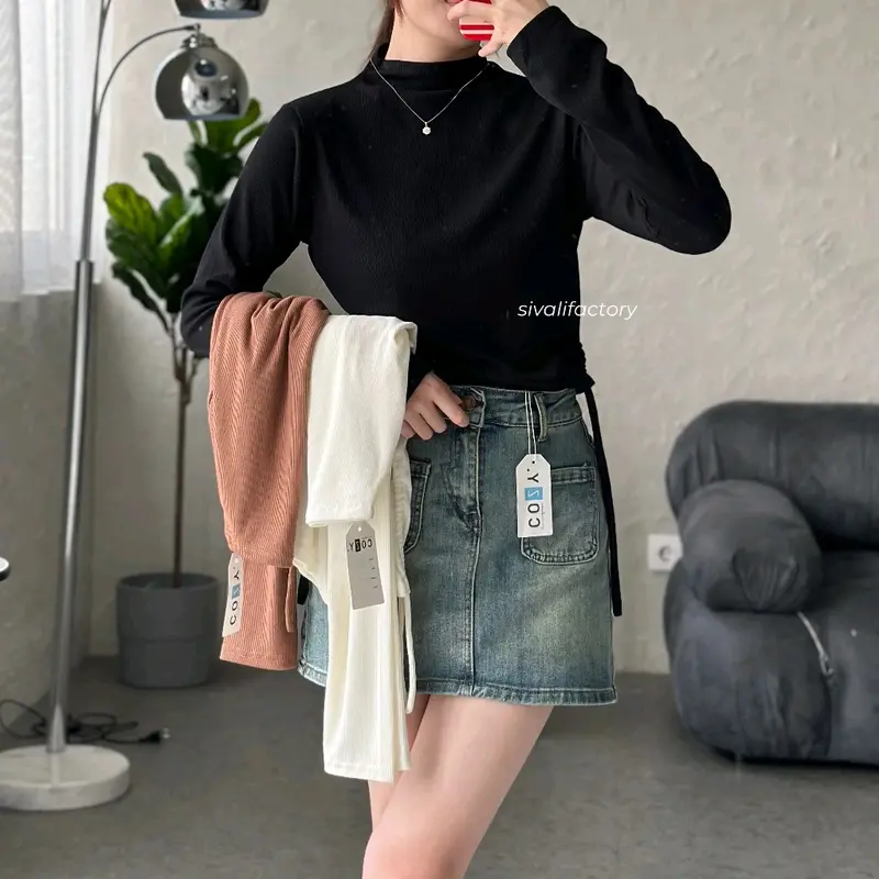 Nicole Top- Atasan Knit Wanita Lengan Panjang Inner Rajut Turtleneck Korea - Crop Top Tali Serut 1