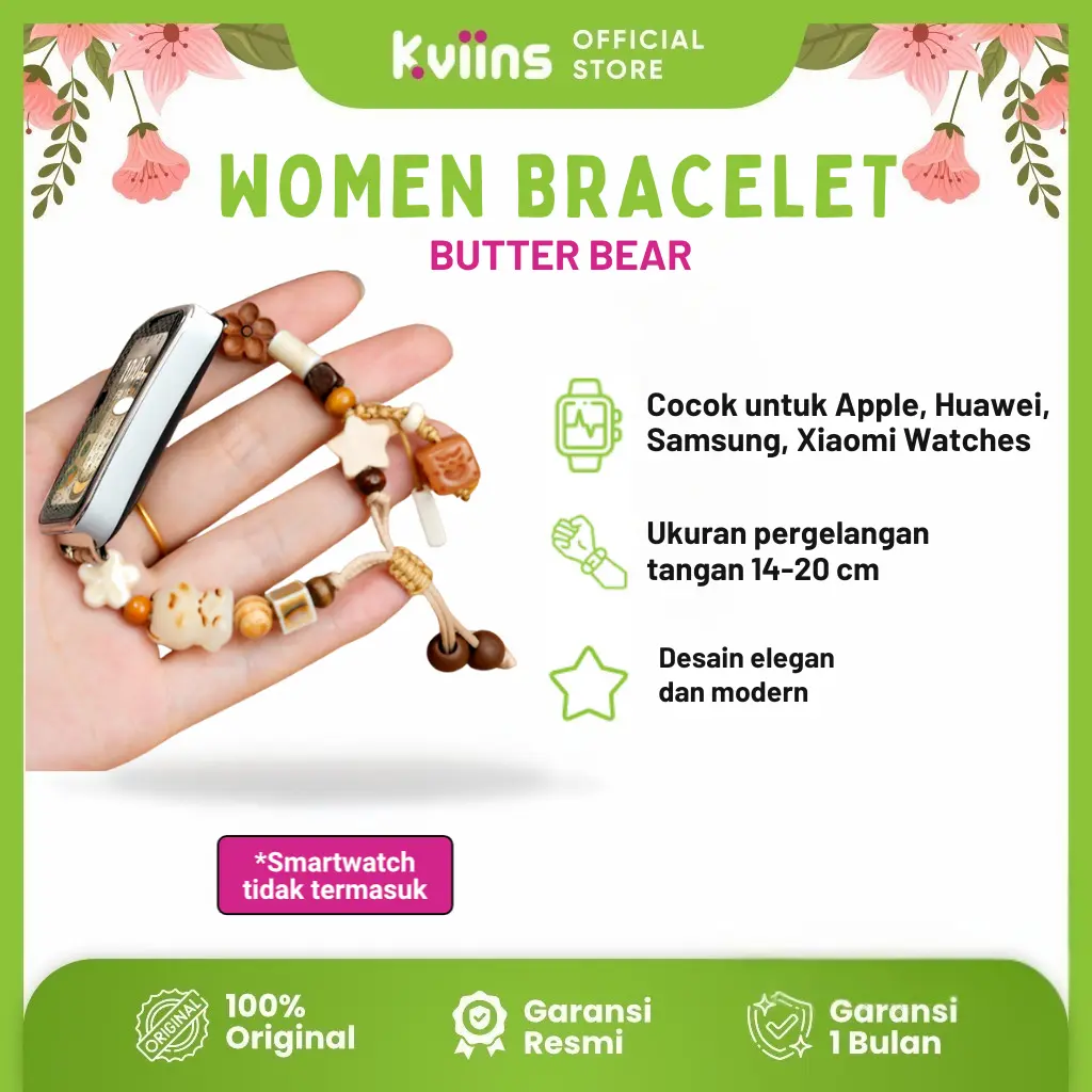 Kviins Strap Huawei Gelang Tali Jam untuk Huawei Band 8/9, Huawei Fit 3 & Smartwatch Lainnya | Desain Imut Butter Bear, Bahan Kayu, Arang Bakar Bodhi Bear & Keramik | Gelang Tali Jam Tahan Lama dan Mudah Dipasang | Cocok untuk Pergelangan Tangan 14-19cm