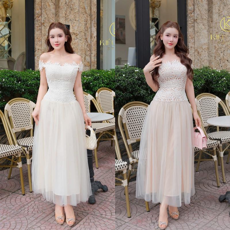 [Kiều Linh]-Váy Maxi Dự Tiệc Trễ Vai KL371 chất liệu Ren Hoa thêu phối chân váy Lưới, 2 Lớp Lót, Giấu Đường May