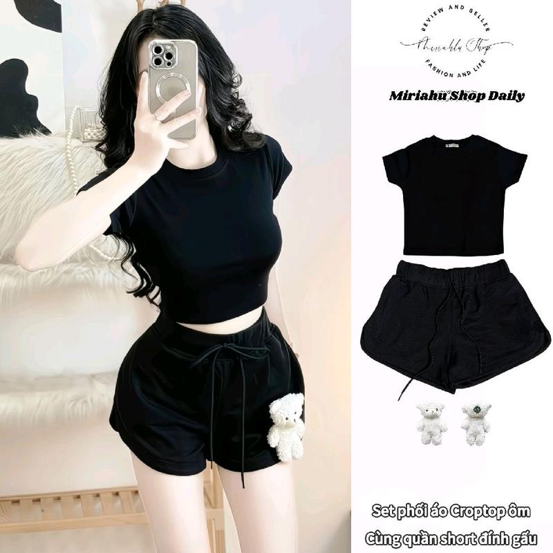 Set Đồ Nữ Áo Croptop Form Ôm Dáng Ngắn Phối Quần Short Đính Gấu Bông – Outfit Tôn Dáng Hot Trend | Miriahu Shop