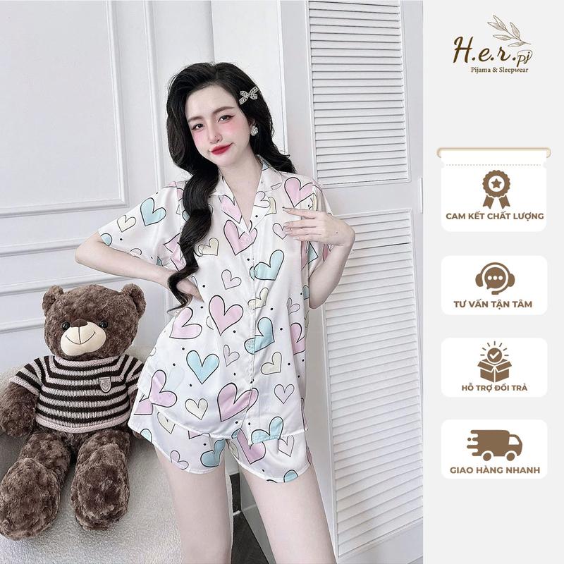 Đồ ngủ nữ mặc nhà pijama lụa latin cao cấp tay ngắn họa tiêt dễ thương có bigsize