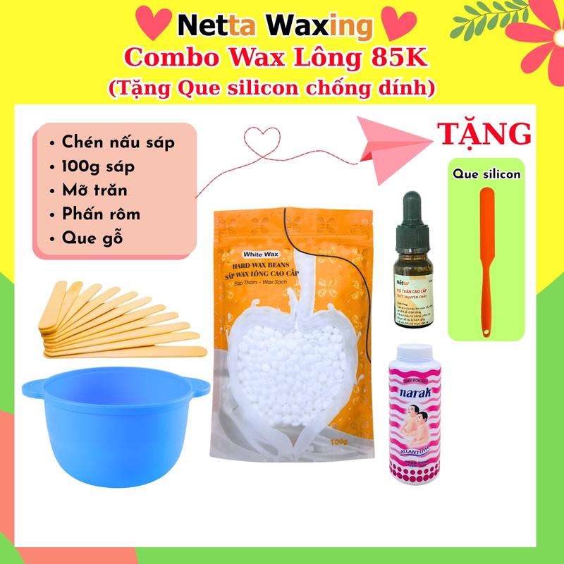 [Tặng que silicon] Combo Wax Lông 85K (100g sáp, chén silicone, mỡ trăn, phấn rôm, que gỗ) Wax nách, râu nam, ria mép Nữ