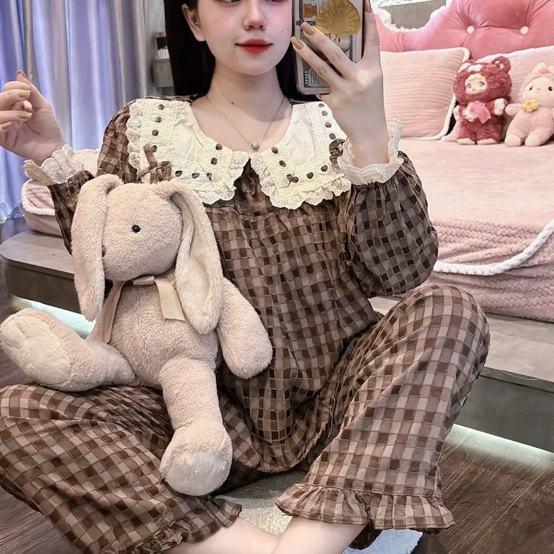 Bộ lụa mặc nhà Pijama đũi gân cổ bèo mặc mùa thu đông , chất đũi mềm mịn dành cho nữ Áo Ngủ Quần Ngủ Women