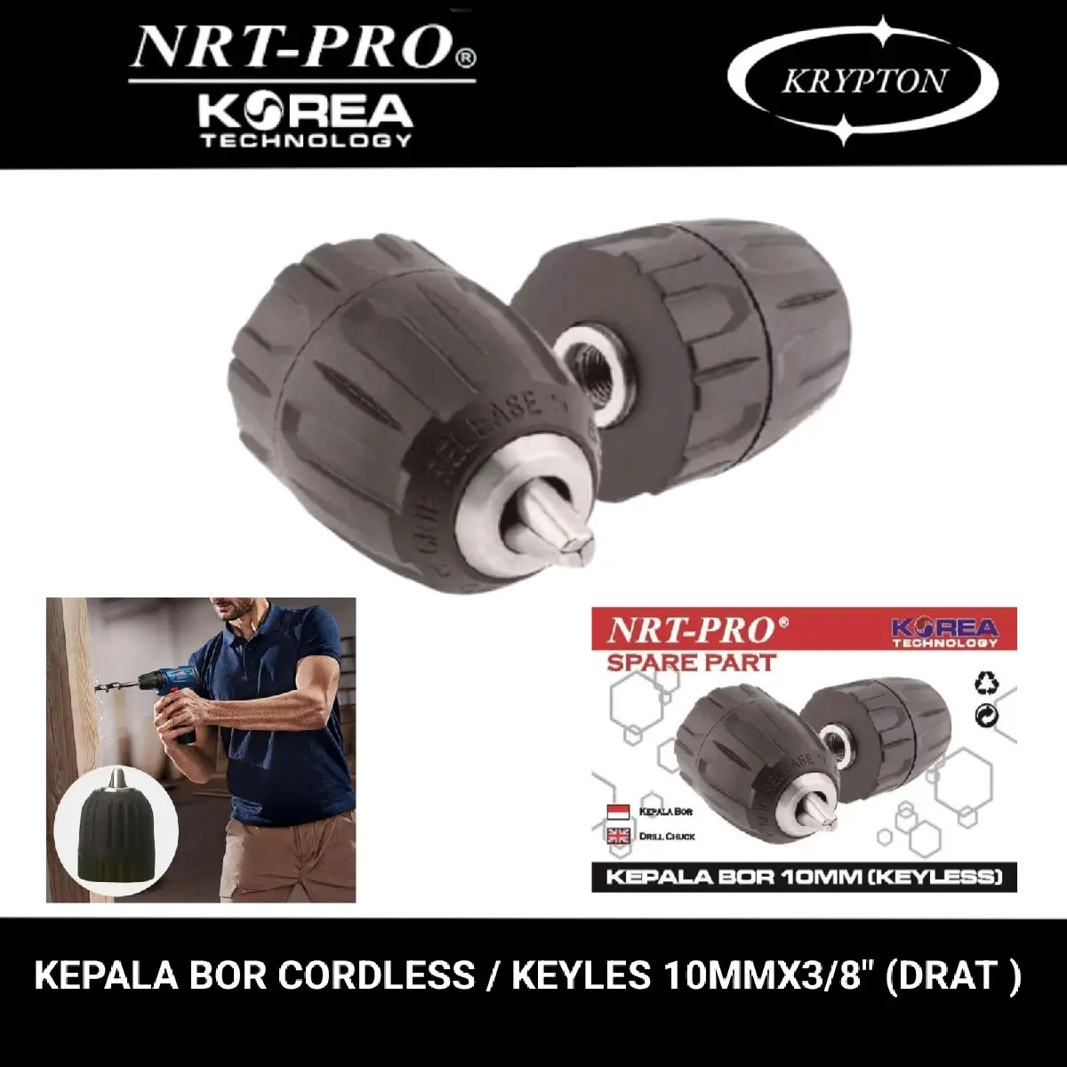 NRT-PRO kepala bor cordles / keyles 10mmx3/8" drat ( universal )