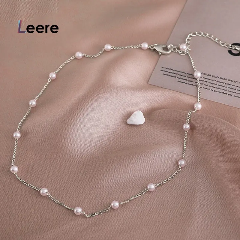 LEERE - Kalung Mutiara Korea Pendek Rantai Silver Wanita Sederhana Serbguna ​Niche Clavicle Rantai Hadiah Aksesoris Fashion 0