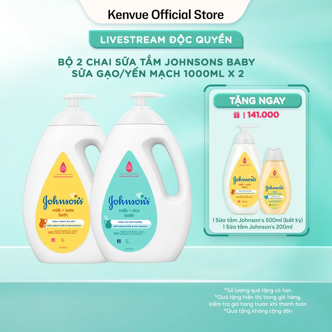 [LS] Bộ 2 chai Sữa tắm Johnson's Baby chứa Sữa và gạo/Sữa và yến mạch 1000ml x 2 - Dưỡng ẩm | Dưỡng da body | Cho bé