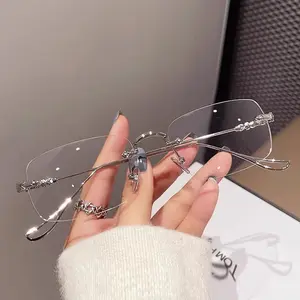 Kacamata minus persegi panjang tanpa bingkai, kacamata bisnis anti-cahaya biru yang bergaya untuk pria dan wanita