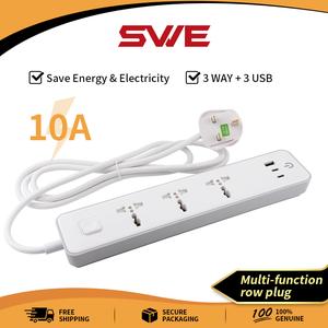 Bicu Soket Serbaguna, SWE, 10A, 250V, 2500W, Pelindung Lonjakan Pengecas, Pemanjang 3 Outlet, dengan 3 Port Pengecasan USB, 2 Outlet USB C, Jalur pelbagai fungsi, pelbagai kegunaan, Perlindungan Keselamatan, Penjimatan Tenaga & Elektrik, Keselamatan,