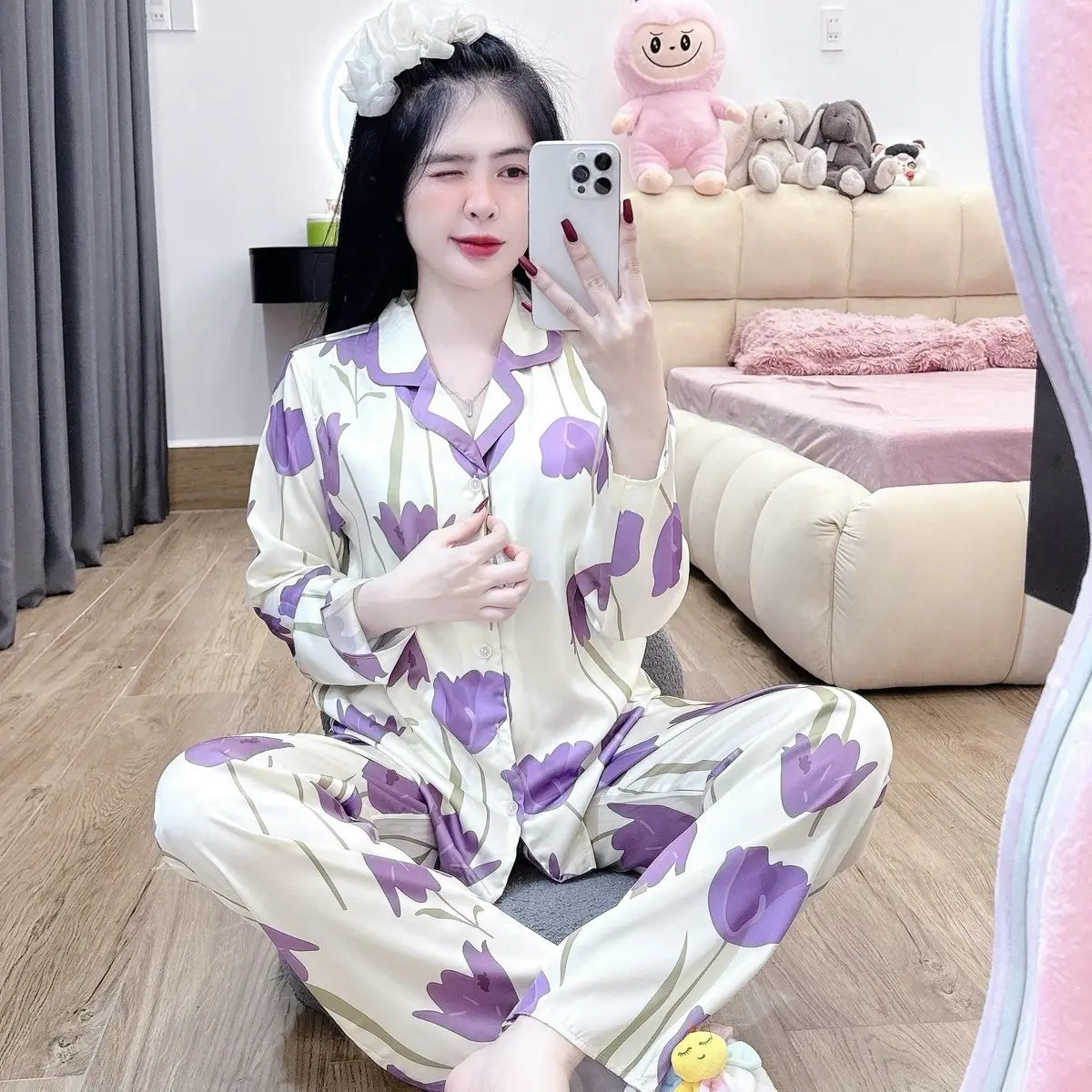 (42-60kg) Màu trắng kem  BỘ đồ ngủ PIJAMA LỤA MỊN TƠ TẰM LATIN MỀM MỊN MÁT Nữ