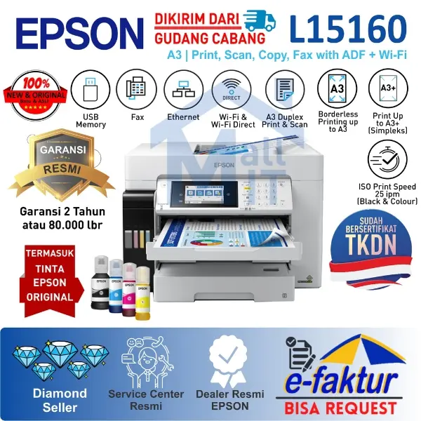 Printer EPSON L15160 L-15160 L 15160 All In One A3+ Duplex ADF Wifi Pigment Resmi