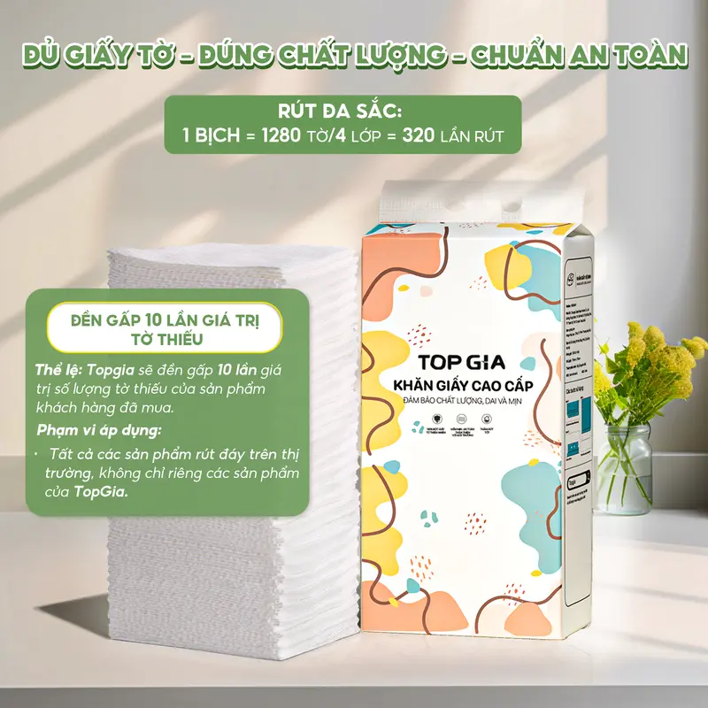 Product Introduction of (12 BỊCH SIÊU TO, CAO CẤP) COMBO 12 bịch khăn giấy CỠ ĐẠI ăn cao cấp treo tường TopGia 4 lớp không bụi mịn 1280 tờ rút tiện lợi Giấy Vệ Sinh (tặng 4 móc treo), giấy rút đa năng treo tường ĐẠT QUY CHUẨN CỦA BỘ CÔNG THƯƠNG (DS) Khăn Giấy Rút 6