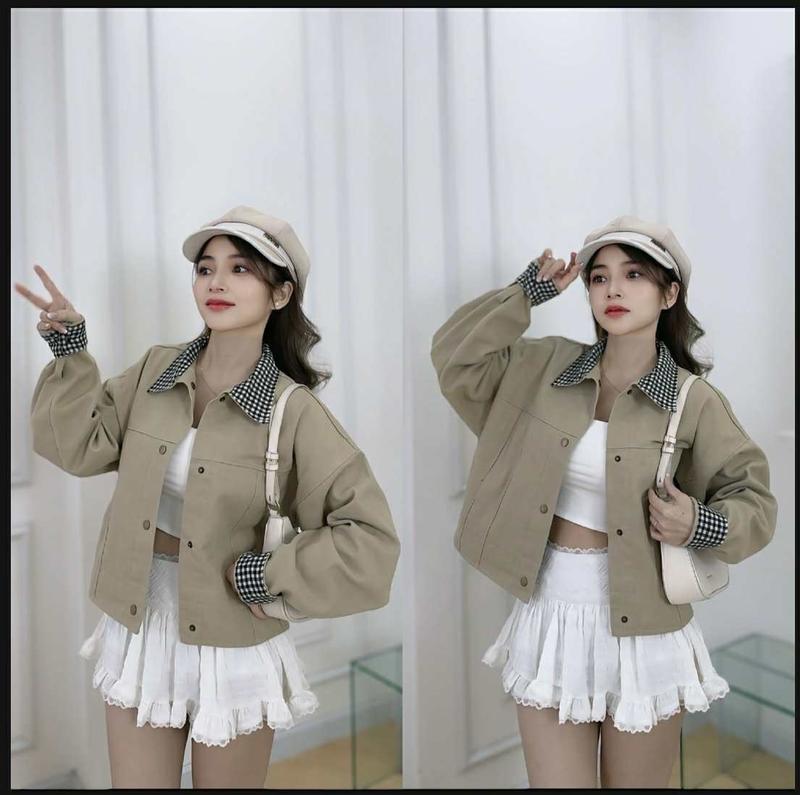 Áo khoác KAKI cổ bẻ phối sọc cổ và Tay Áo Áo phong cách hongkong áo khoác kaki nữ phối cổ tay kẻ caro mới 21