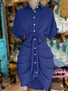 Vestido camisero corto para mujer con solapa, abotonado simple y cinturón en la cintura; moda casual de verano, ropa elegante para mujer