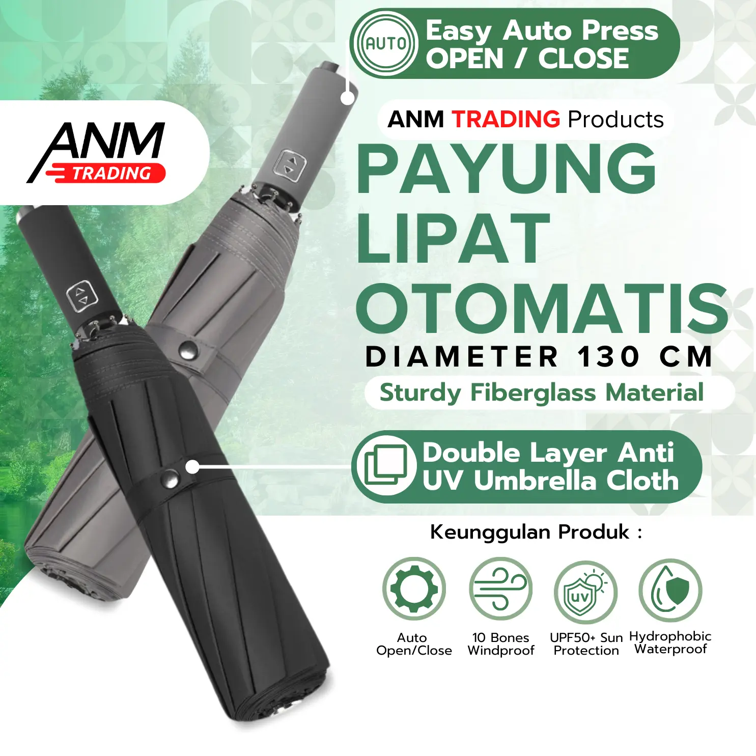 [ANM TRADING] Payung Lipat Otomatis Jumbo 130cm 10 Bones Anti UV SPF50+ Premium