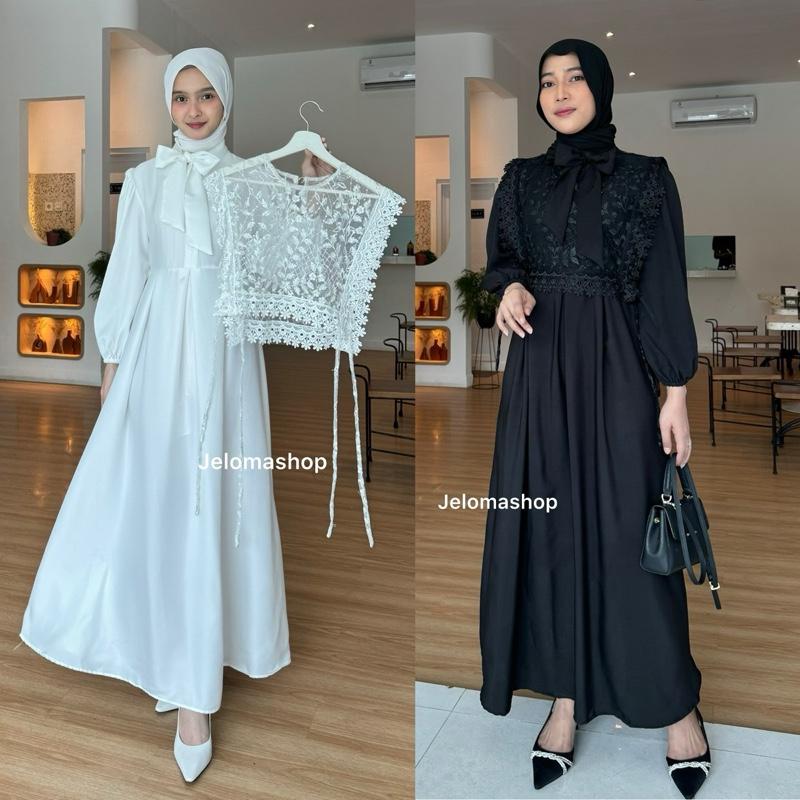 Dress Muslimah LOLI Wanita Model Rompi Tille Bordir dengan Leher Pita dan Lengan Karet - Fit Menyusui Cantik 0