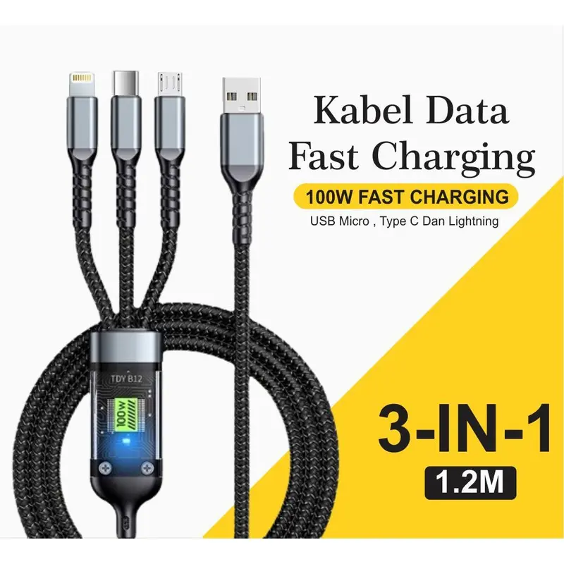 Kabel Data 3in1 100w Fast Charging USB Micro / Type C / IOS Aluminium Hitam Konektor Cable 0