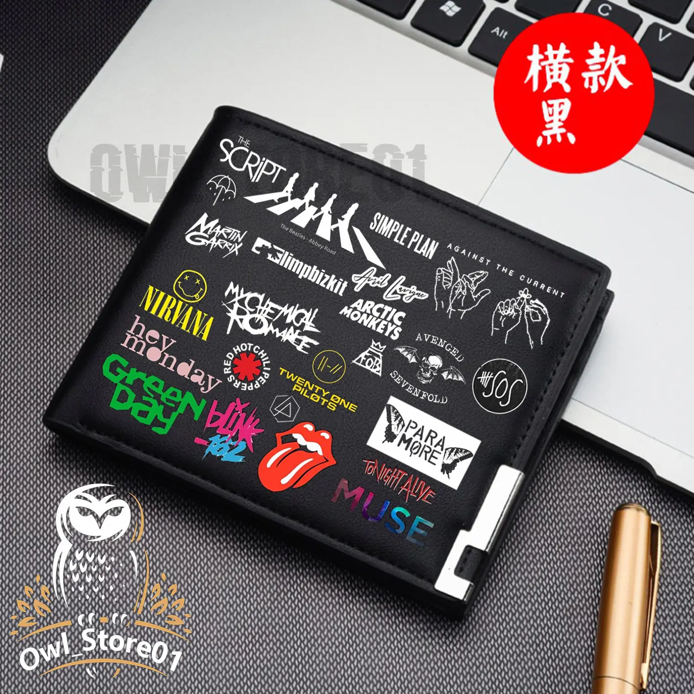 Dompet Pria Lipat Bahan Kulit Sintetis Ukuran 12 x 10 x 1.5 - Warna Hitam Kartu LOGO BAND Uang Dompet Anak Custom Desain Bebas Suka Suka COD