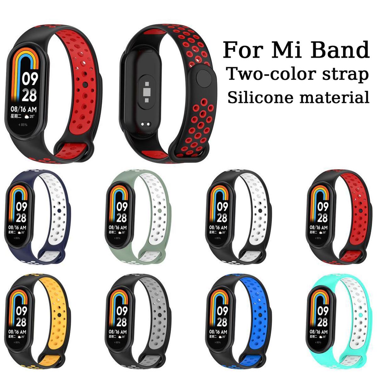 สายกีฬาซิลิโคน สำหรับ Mi Band 10/9/8/7/6/5 สายรัด สองสี สายรัดข้อมือระบายอากาศ เข้ากันได้กับ Xiaomi 