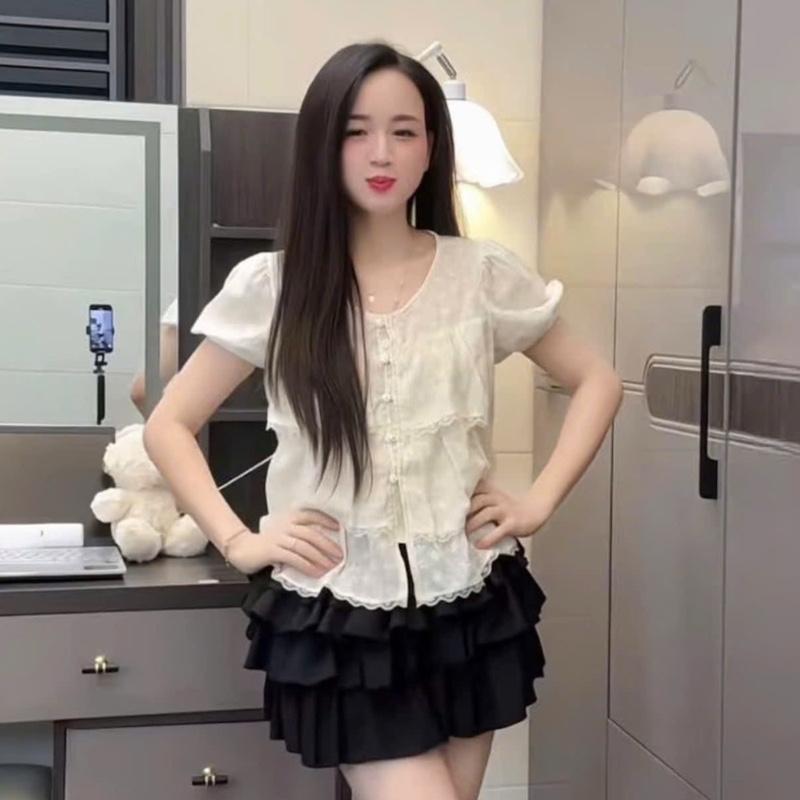 Sét áo ren tầng mix chân váy xếp ly