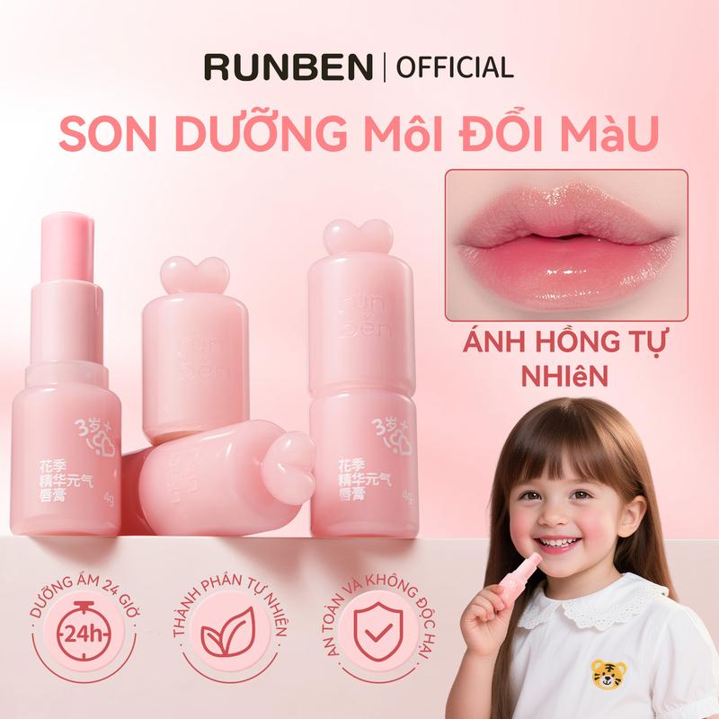 [XinChao]RUNBEN Son Bóng Dưỡng Ẩm, Dành Cho Trẻ Em 3+, Đổi Màu Tự Nhiên, Môi Mềm Và Bóng Nhẹ, 4g