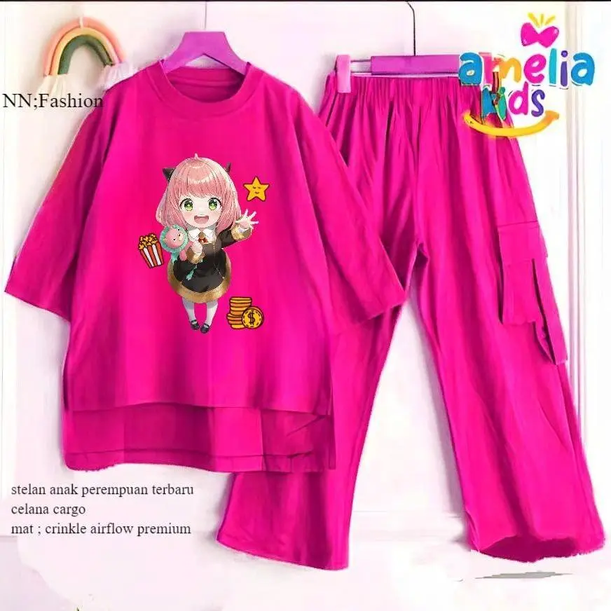 Stelan Anak Perempuan Anya The Little Angel Lucu Motif Baju Cargo Celana Premium Crinkle Airflow Fashion Pakaian Set