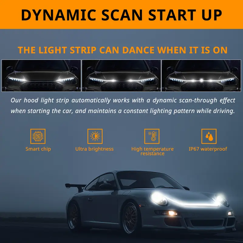 LED Car Hood Light Strip, Dynamic Scan Start-up 71 79 87 inch Flexible Waterproof DRL Daytime Running Lights, Universal Engine Cover Exterior Decoration Accessories for Cars SUV Truck, Car, BMW, Essential Goodies Light Bars Product, custom lighting 3