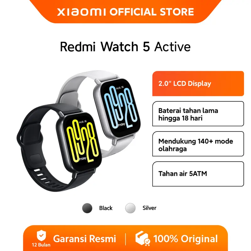 Xiaomi Redmi Watch 5 Active |  2.0" LCD Display | Mendukung 140+ mode olahraga | Tahan air 5ATM | Baterai tahan hingga 18 hari | Jam  tangan pintar [Official Store]