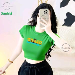 Áo Thun Croptop Basic Form Ôm Body Nữ Cổ Tròn Tay Ngắn In Hình Hè 2025 SUMMER, Kích Cở S M L, Women Sò Sen Hoa Sen Dáng Ngắn Thun