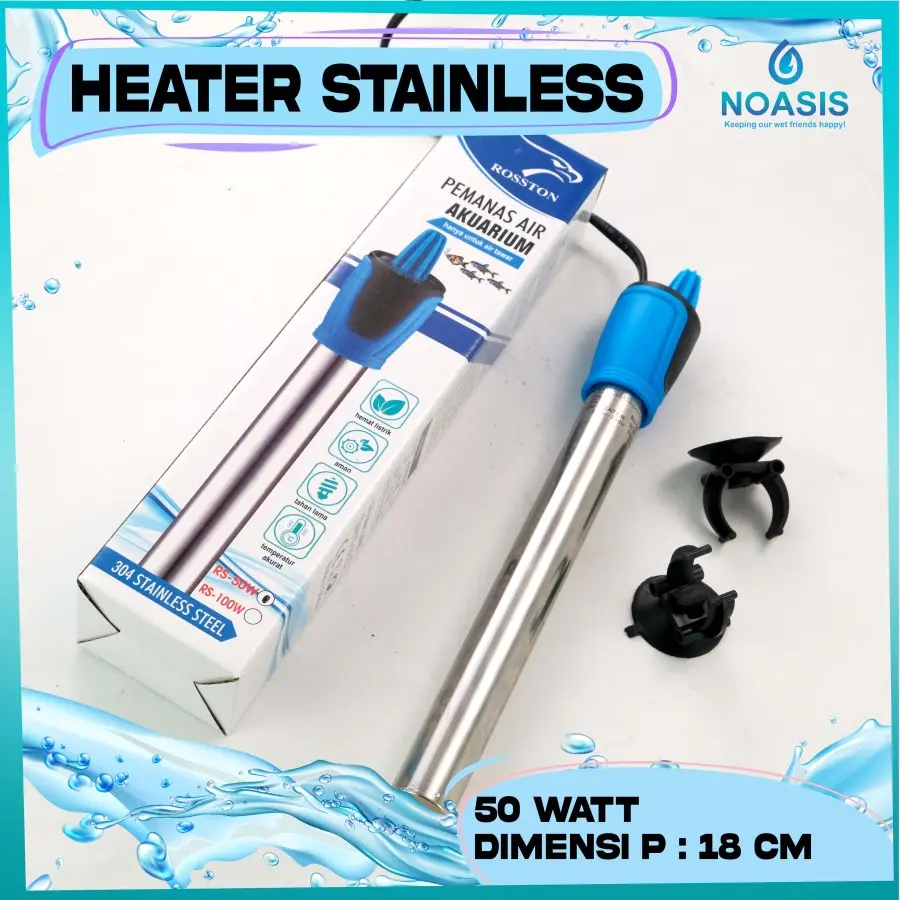 HEATER AQUARIUM ROSSTON 304 STAINLESS 50 W , 100 WATT PENGHANGAT AIR