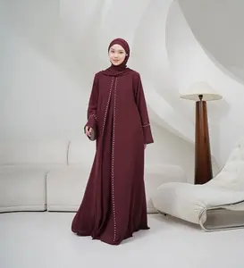 Mahreen Gamis Abaya Mesir Muslimah Wanita Dua Layer Dress Warna Maroon Burgundy dengan Hiasan di Sisi Syari Dewasa