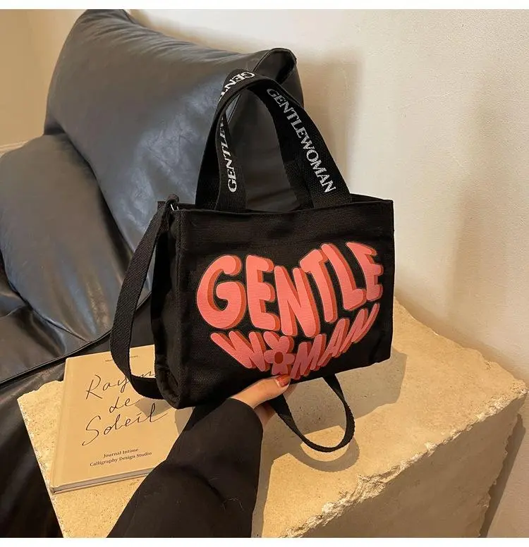 Letter printed canvas bag, hand-held/single shoulder/diagonal cross/bag，gentlewoman bag，Available in 6 colors
