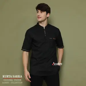Baju Koko Kurta Pria Dewasa Lengan Pendek Motif Sakka Terbaru Asakhi Collection Muslim Katun  Hitam Panjang