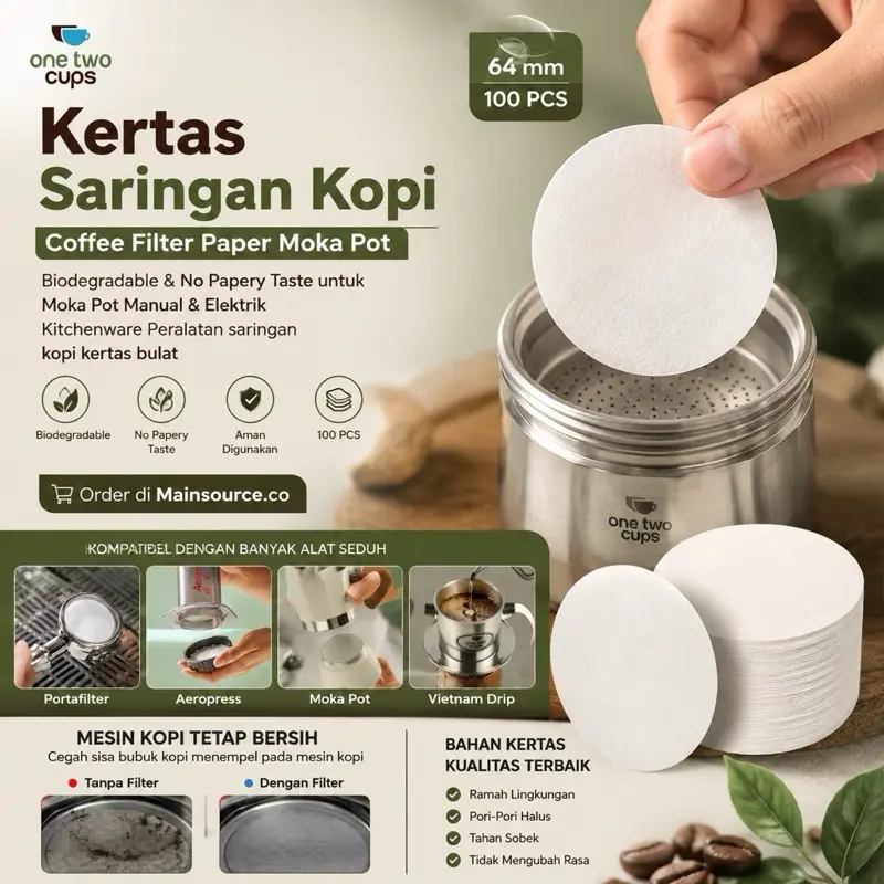 [Mainsource.co] One Two Cups Kertas Saringan Kopi Coffee Filter Paper Moka Pot 100 PCS OJ1 - Biodegradable & No Papery Taste untuk Moka Pot Manual & Elektrik Kitchenware Peralatan saringan kopi kertas bulat