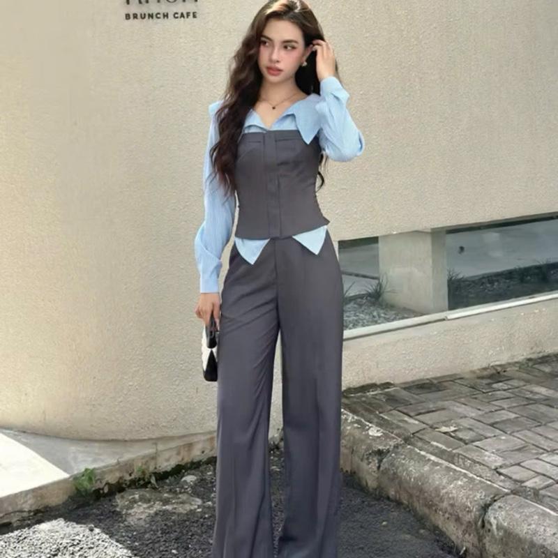 Sét ÁO Sơ Mi Kẻ Phối Quây Xám Mix Quần Ống Đứng Thời Trang Hiện Đại Cho Nữ - Hân Linh Shop