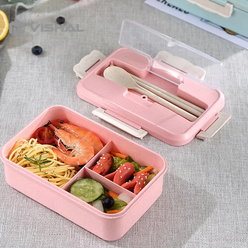 VISHAL Lunch Box Kotak Bekal Makan Jerami Gandum kotak makan ​1000ml 4 In 1 Free Sendok Tempat Makan VS-1 4