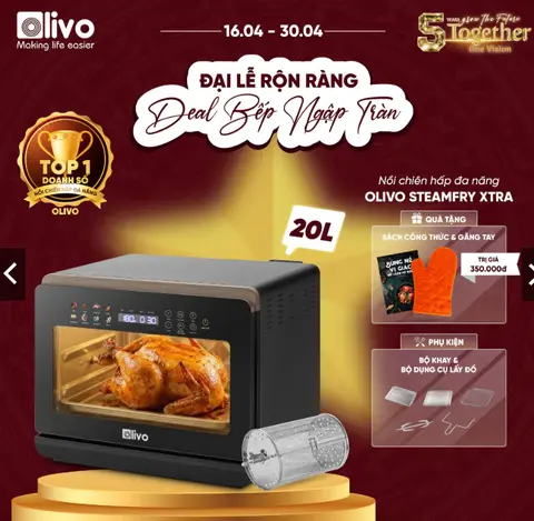 Nồi Chiên Hơi Nước OLIVO SteamFry Xtra 20L Cao Cấp – OLED Thông Minh – Công Nghệ Hấp Nano Steam & Chiên Eco Fry 2