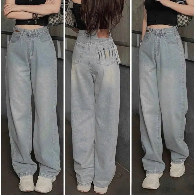 ( S-XL ) Quần Jean Suông - Quần Jean Ống Rộng Thêu Chữ Túi Sau Phối Vẹt Sơn Lưng Cao Ôm Eo Cá Tính QC Huyền Diệu Jeans FullSize S M L. Nữ Women quần  jean quan  boong
