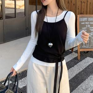 Women's style tops, early autumn women's T-shirt outfits, new two-piece set, solid-color women's long-sleeved T-shirts, inner layer base layer layered with a vest, a slim and beautiful women's clothing that makes you look thinner TZ08 Basic Casual Fitted