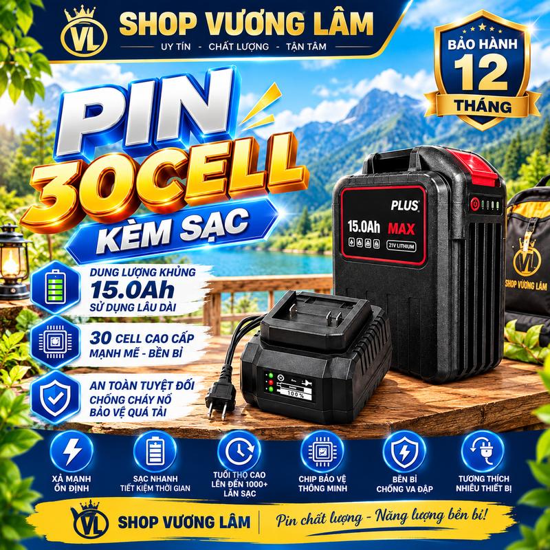 PIN 30 CELL + CỐC SẠC, Pin lithium, pin chất lượng cao, sử dụng 6-10 tiếng liên tục, chống ngắt tải tốt, hiển thị mã vạch báo pin, Bảo hành 12 tháng .