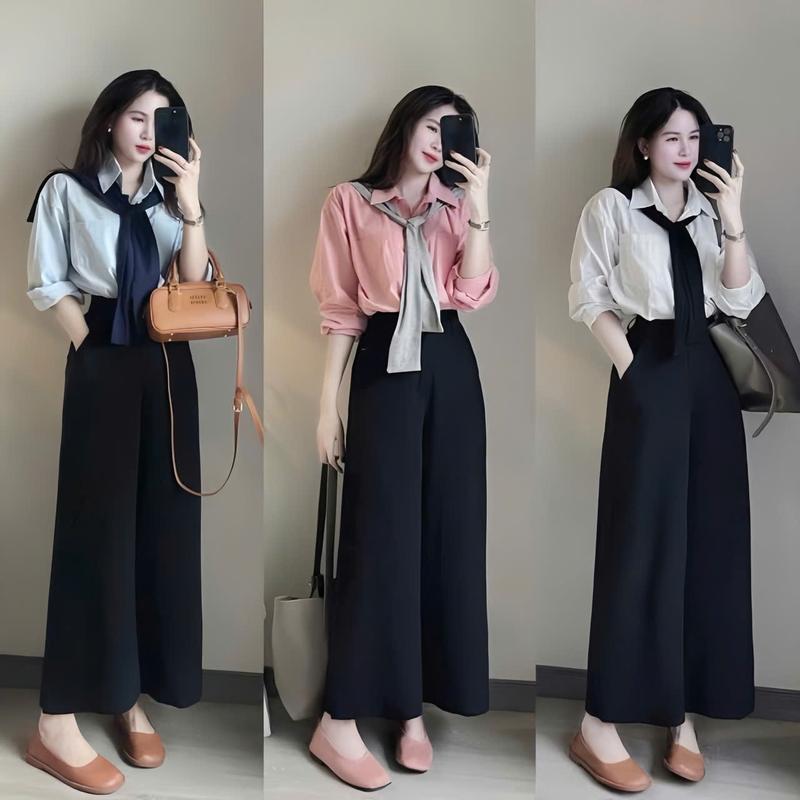 Sét bộ nữ áo sơ mi lụa tay dài cổ bẻ cài nút thật kèm choàng mix quần tuyết mưa dáng dài ống rộng xinh xắn dành cho các nàng diện đi.
