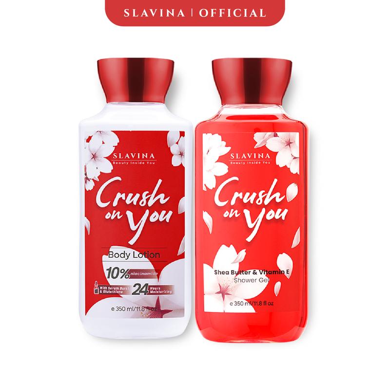 SLAVINA Crush On You Body Care Body Lotion dan Shower Gel by Nagita Slavina Moisturizer dan Sabun Mandi Cair 350ml Perawatan Tubuh dan Tangan Memutihkan Kulit Kering Dengan Glutathione + Vitamin 5