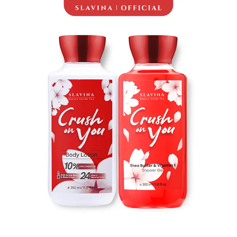 SLAVINA Crush On You Body Care Body Lotion dan Shower Gel by Nagita Slavina Moisturizer dan Sabun Mandi Cair 350ml Perawatan Tubuh dan Tangan Memutihkan Kulit Kering Dengan Glutathione + Vitamin 5