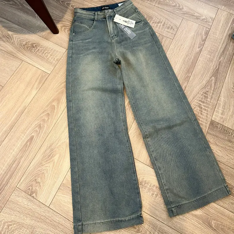 THE QUAO - Quần Jean Nữ Lưng Cao Ống Rộng 27CM Túi Kiểu Màu Xanh Xám phủ Bụi Vàng S3103_627 0
