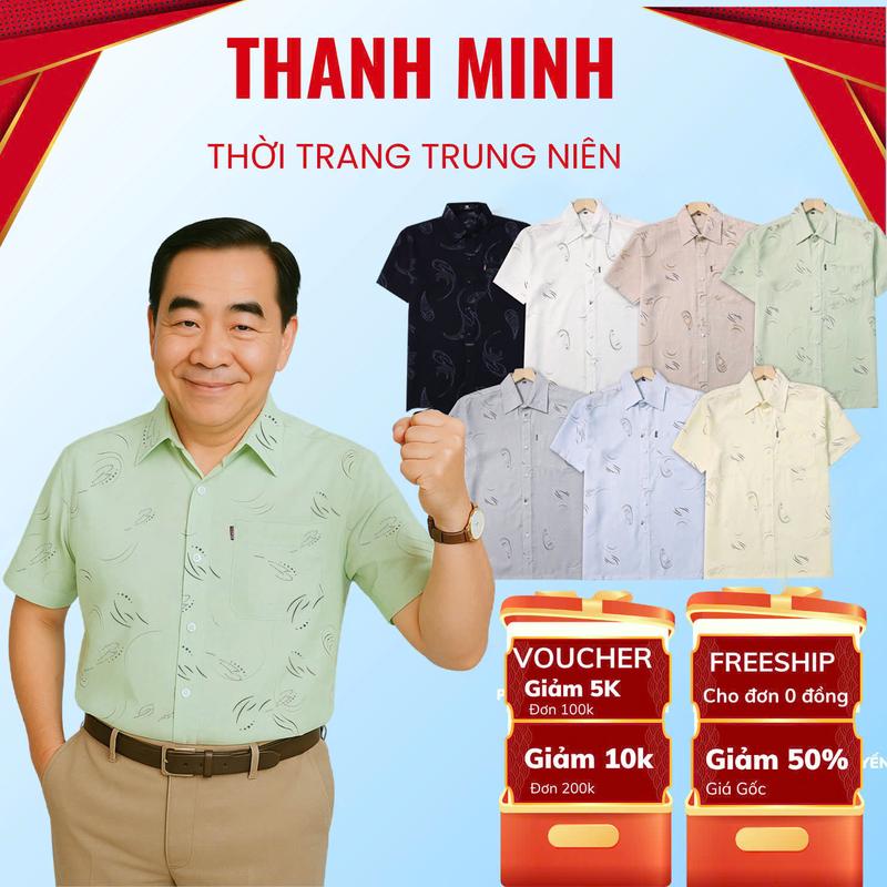Áo Sơ Mi nam trung niên Ngắn tay form rộng vải đũi có túi họa tiết GIỌT NƯỚC, mềm, mát, không nhăn.