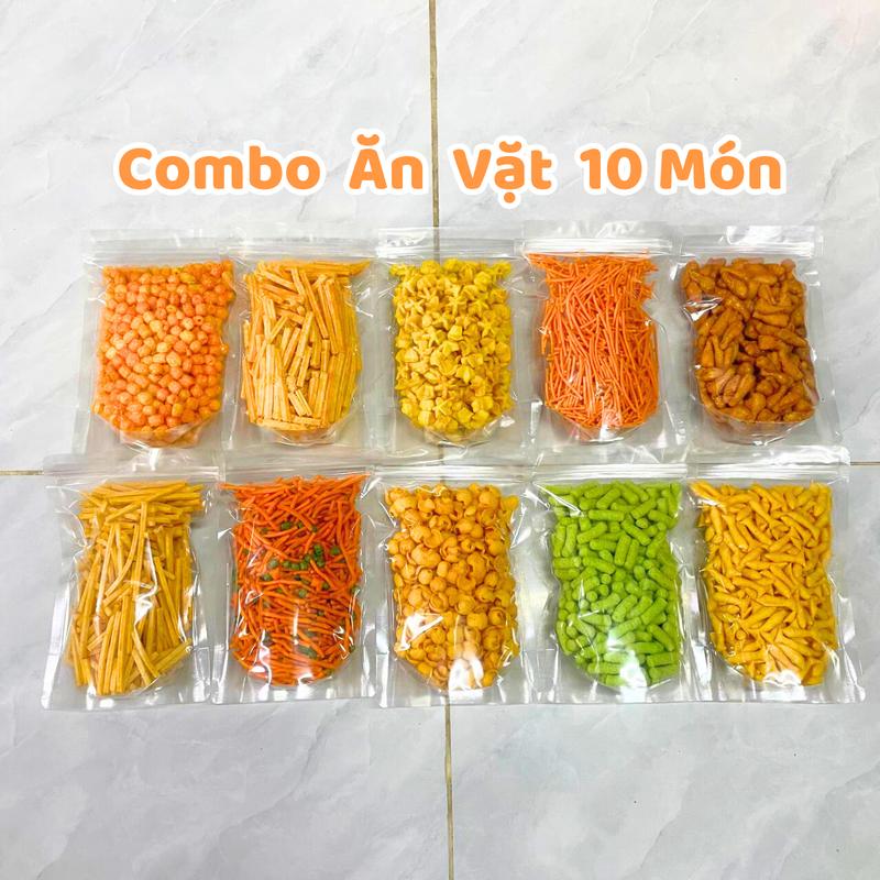 Combo Ăn Vặt 10 Món Tuổi Thơ - Nui chiên bơ, Sao biển, Dậu xanh cốt dừa, Ngó sen, Đùi gà cay, Tăm đậu hà lan, Xương chó, Snack cá, Khoai lắc phô mai, Tăm cay - ăn vặt Food
