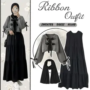 Outfit 3 in 1 set Remaja Kekinian II (Sweater Ribbon, Dress Ruffle, Hijab Pashmina) II OOTD santai Setelan Populer II LS40