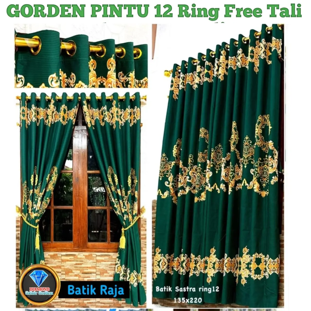 PROMO 4 Lembar Hordeng Pintu Smokring R12 100x220 Cm Motif Bunga Hijau Sakura Hemat Lebih Banyak Free Tali Dekorasi