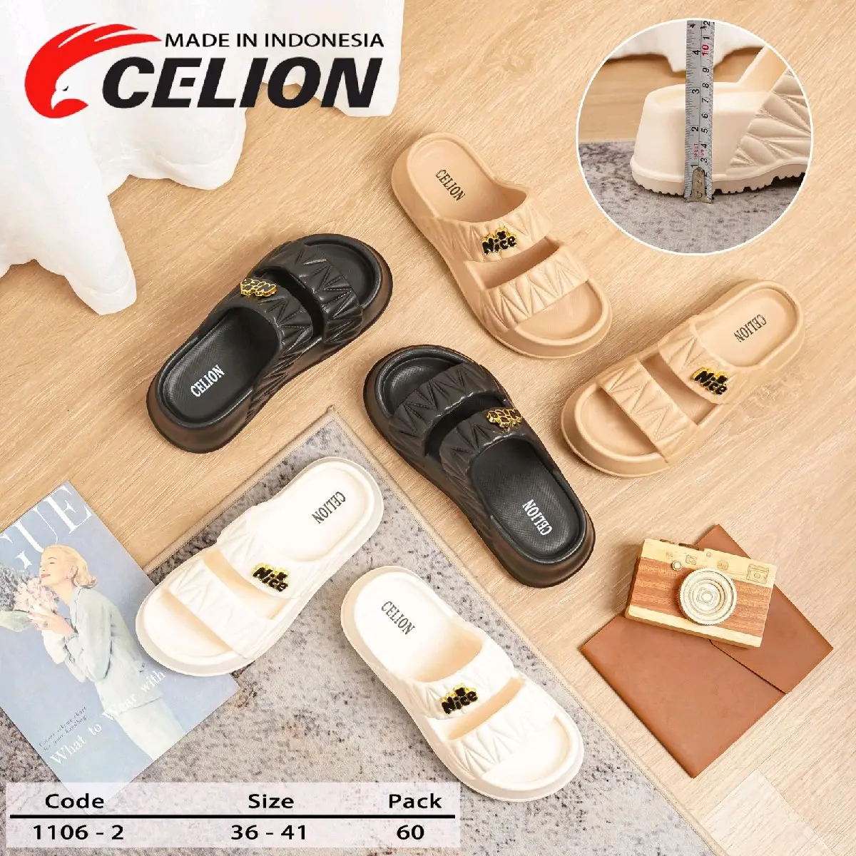 CELION Sendal  Wanita Ban 2 Kerut Nice Eva Rubber Termurah Pilih Lokal 1106-2H - Flat