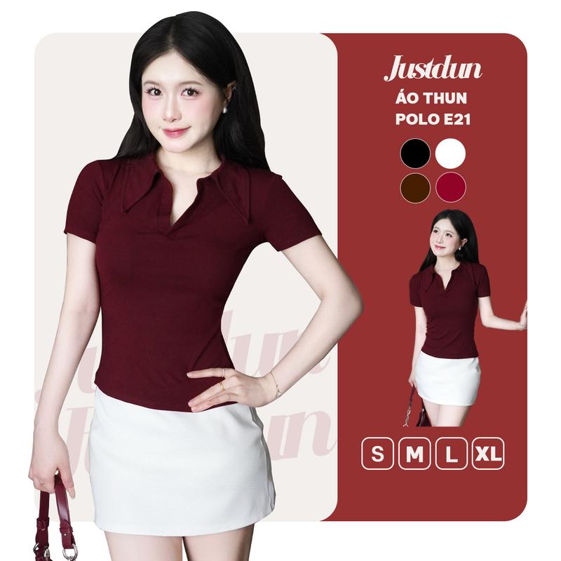 Áo Thun Nữ Polo JUSTDUN E21 – Cổ Sơ Mi Cotton Mịn Cao Cấp Form Ôm Đẹp Co Giãn Thoải Mái,Thanh Lịch 